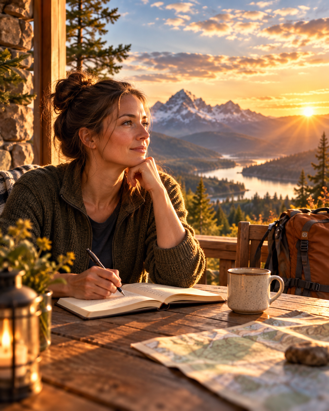 Person journaling in warm mountain light